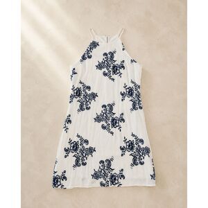 BCX Embroidered Floral Shift Dress White Blue Sleeveless High Neck Lined Large